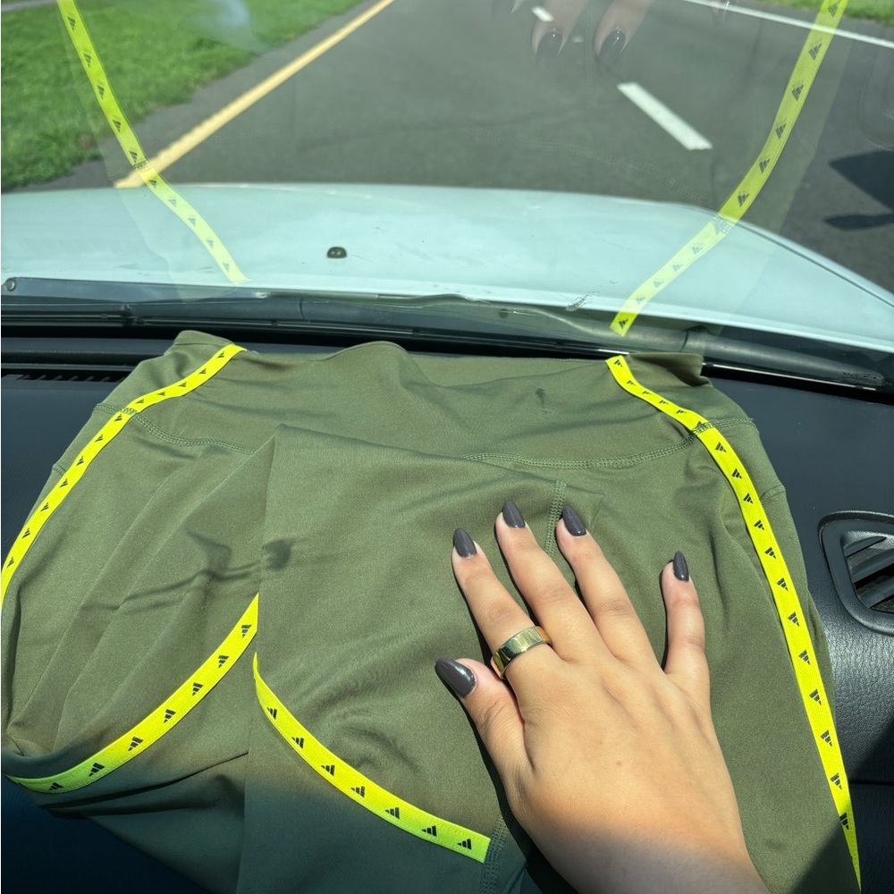 adidas Olive Green Leggings with Neon Yellow Accents